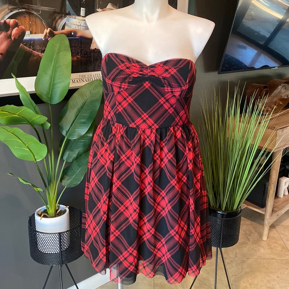 Betsey Johnson Red Back Checked Lumberjack Strapless Prom Dress